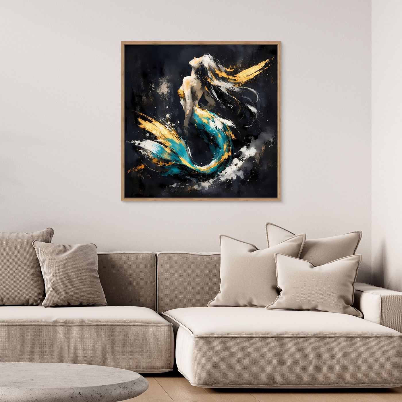 Leinwand Elegante Meerjungfrau in Türkis und Gold | Modernes Fantasy Wandbild