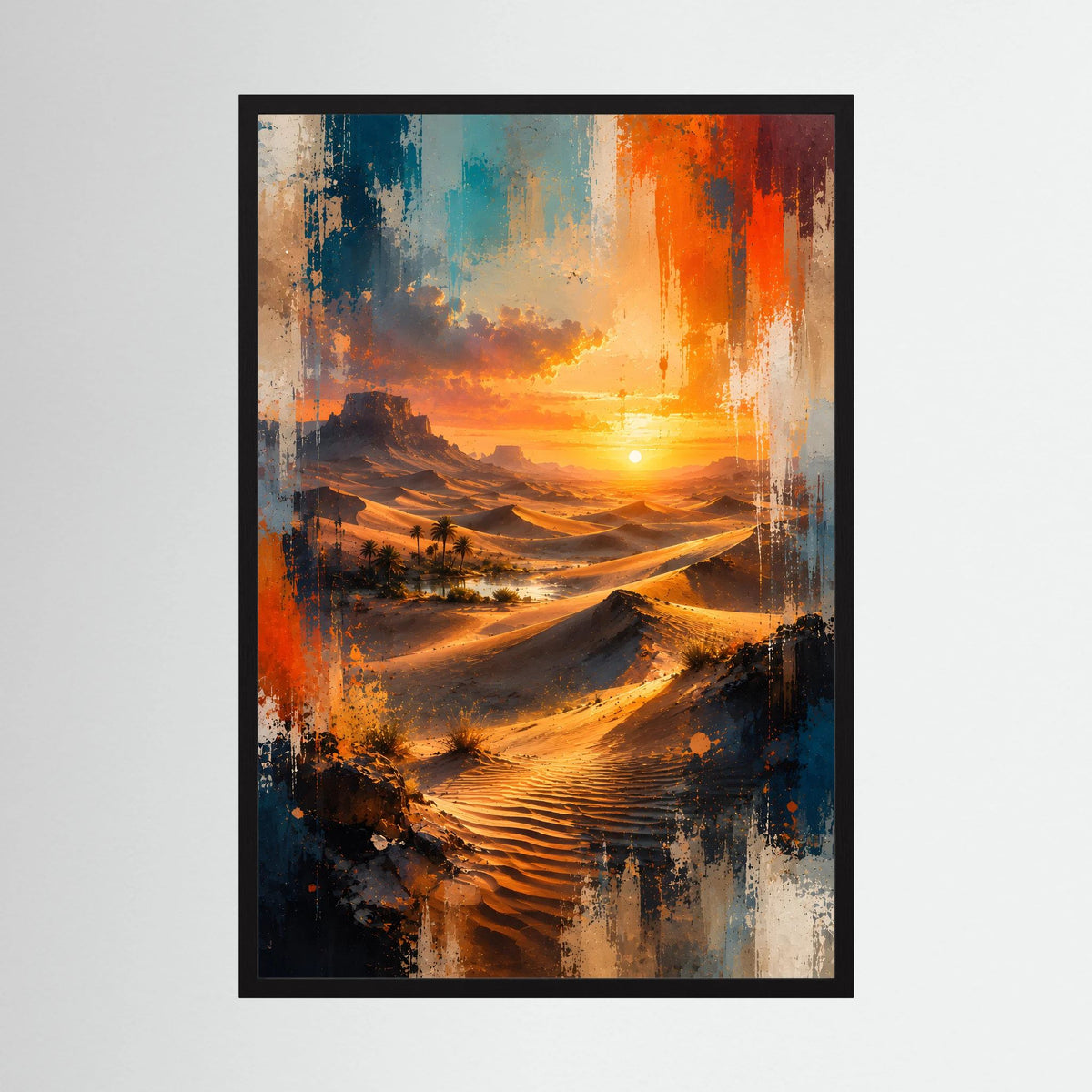 Hochformat-Poster mit schwarzem Rahmen: abstrakte Oase mit Sanddünen, Orange und Blau
