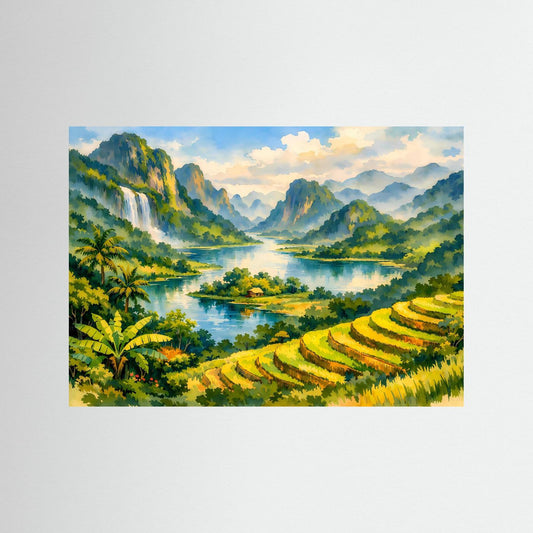 Natur-Landschaftsposter mit Fluss, Reisterrassen, Bergen und Palmen im Tropenstil, quer