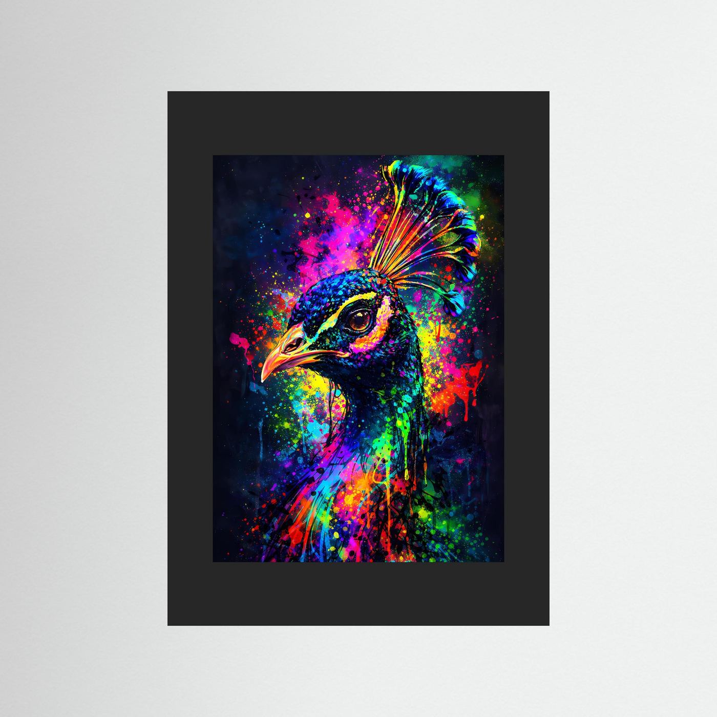 Pfau-Poster mit buntem Farbexplosions-Motiv, Pfauenporträt mit Federkrone, schwarzer Passepartout.