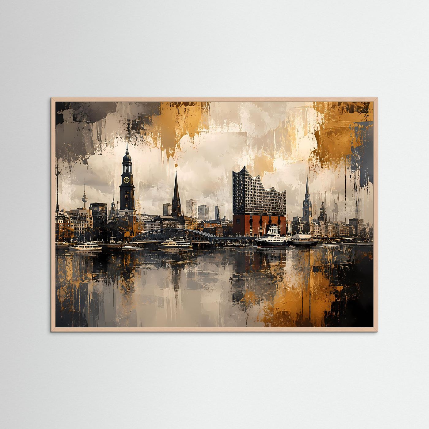 Hamburg Skyline an den Landungsbrücken | Abstraktes Hafen-Poster im Querformat