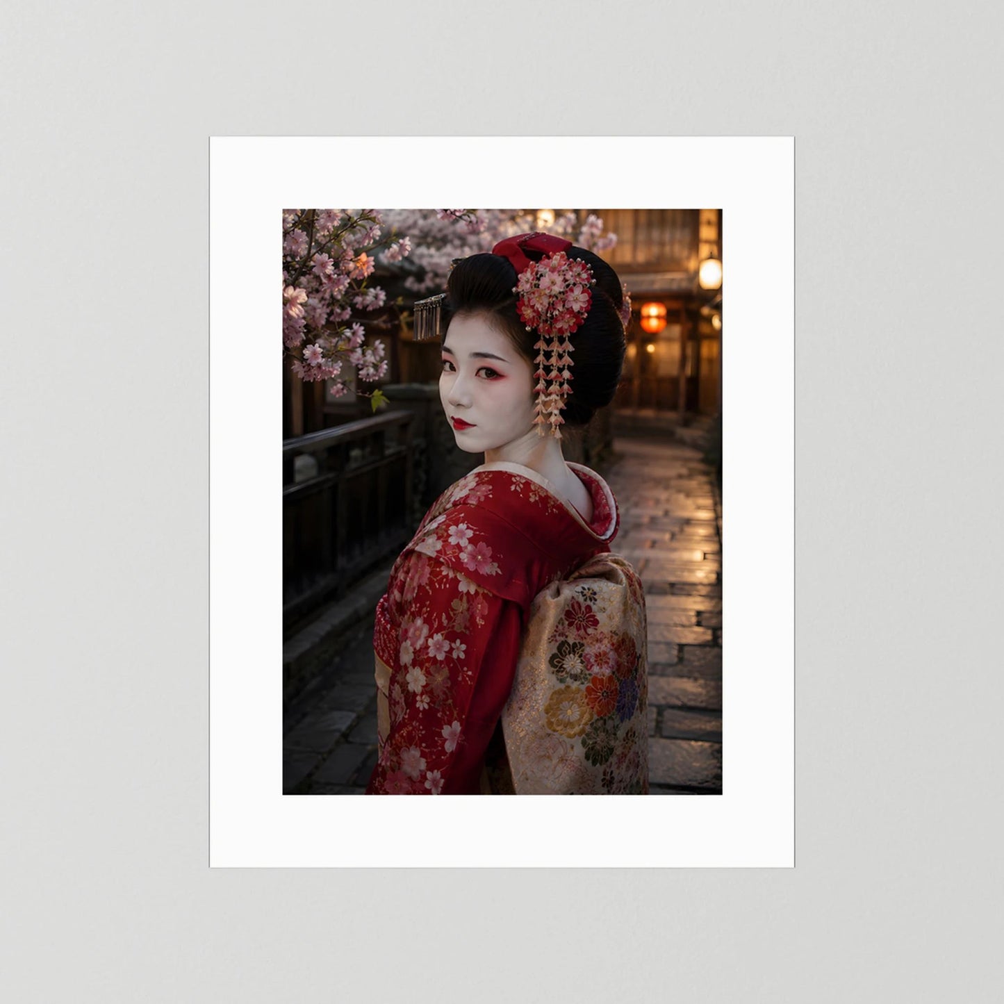 Poster mit Geisha im rotem Kimono und Kirschblüten, weißes Passepartout