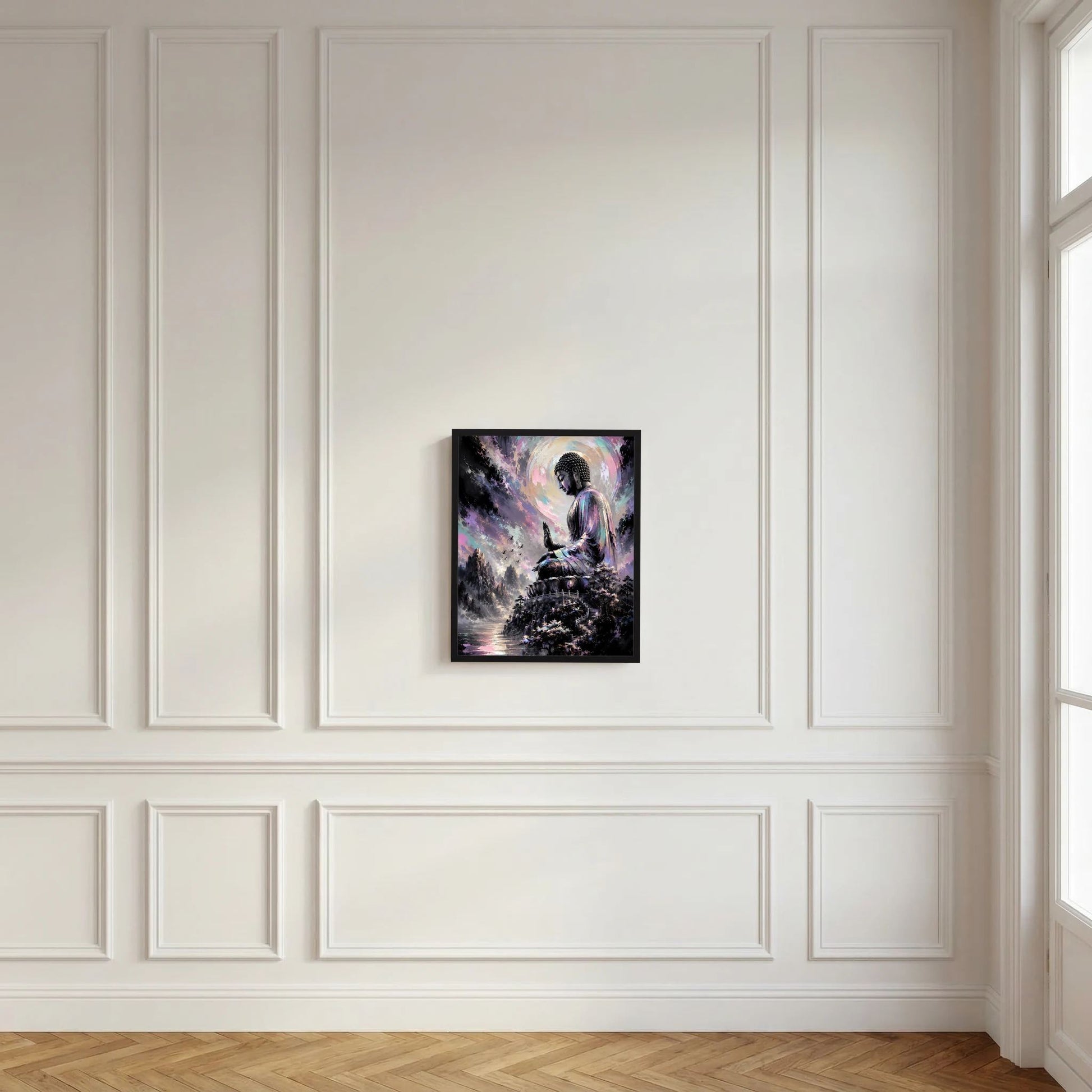 Gerahmtes Kunstposter an der Wand: sitzender Buddha mit Halo in Pastell und Dunkel