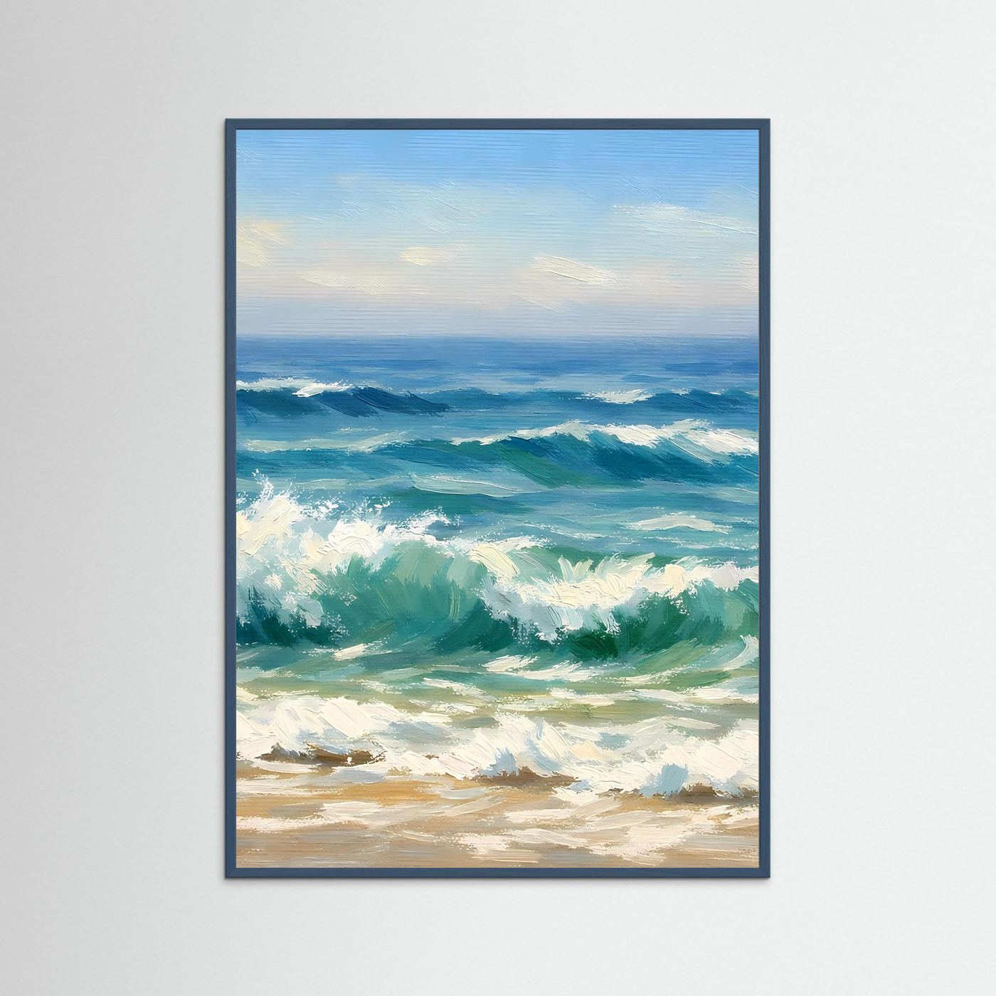 Poster mit gemalten Meereswellen am Strand in Blau- und Grüntönen, mit dunklem Rahmen