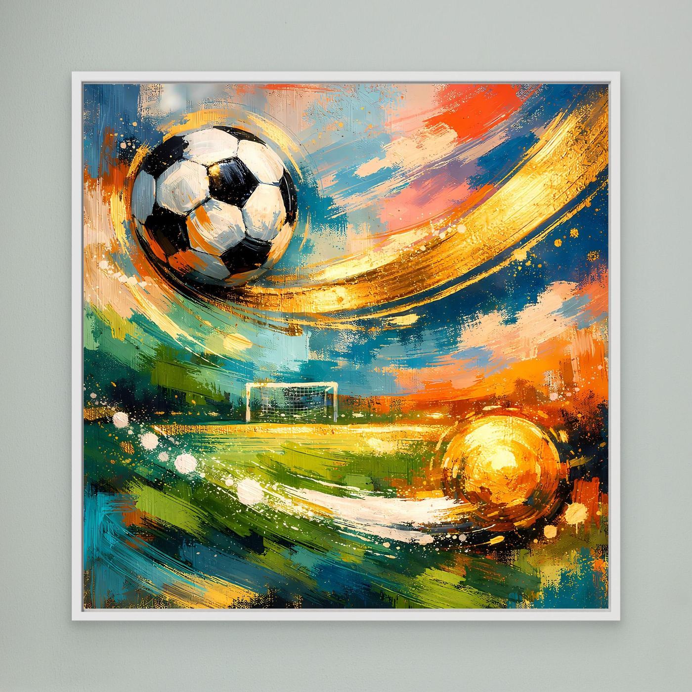 Leinwandbild mit Fußball und abstrakten Farbwirbeln, großer Rahmen in Weiß