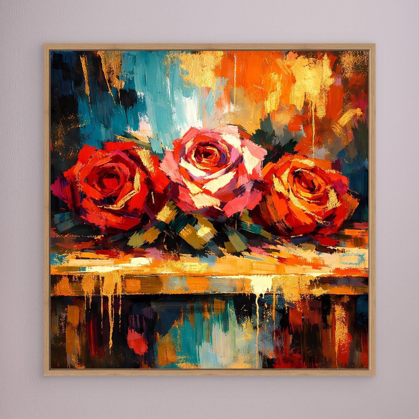 Leinwandbild mit abstrakten Rosen in Rot-Orange, in Holzrahmen.