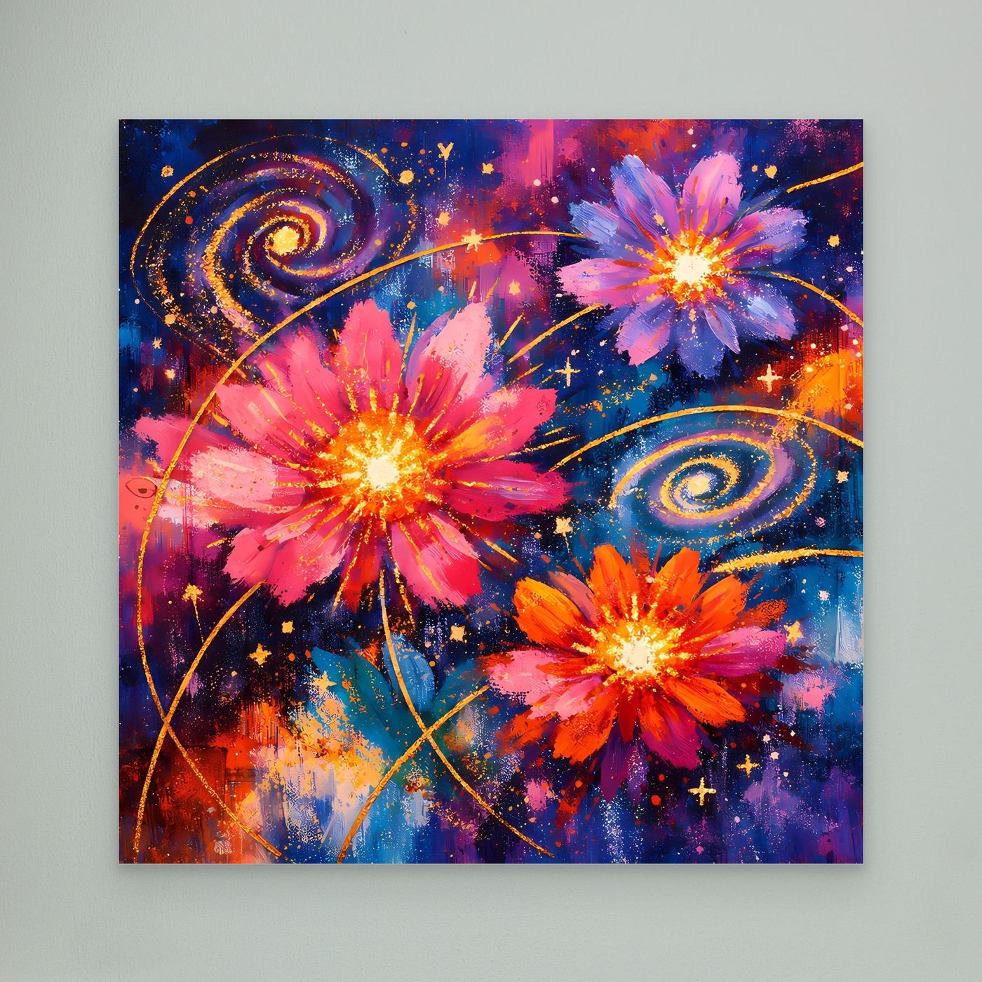 Leinwand-Wandbild mit abstrakten kosmischen Blüten in Pink, Orange und Blau, ohne Rahmen