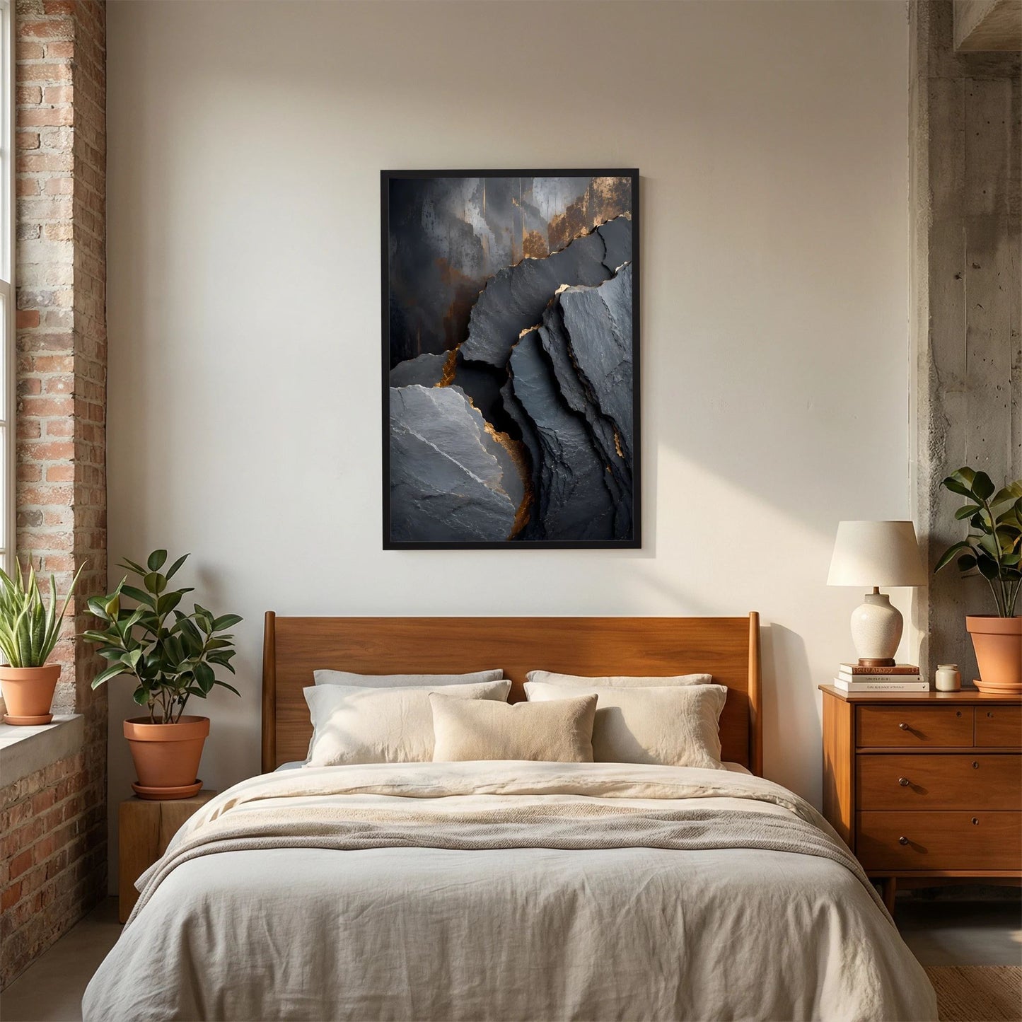 Poster im schwarzen Rahmen mit abstrakter Felslandschaft in Dunkelgrau und Gold