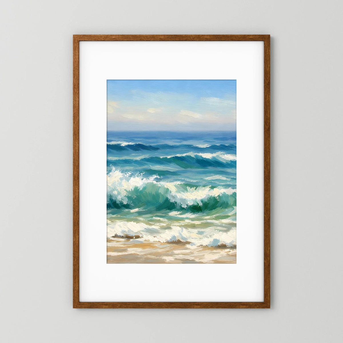 Wandbild-Poster mit Meereswellen im Hochformat, dunkel geholzter Rahmen mit weißem Rand