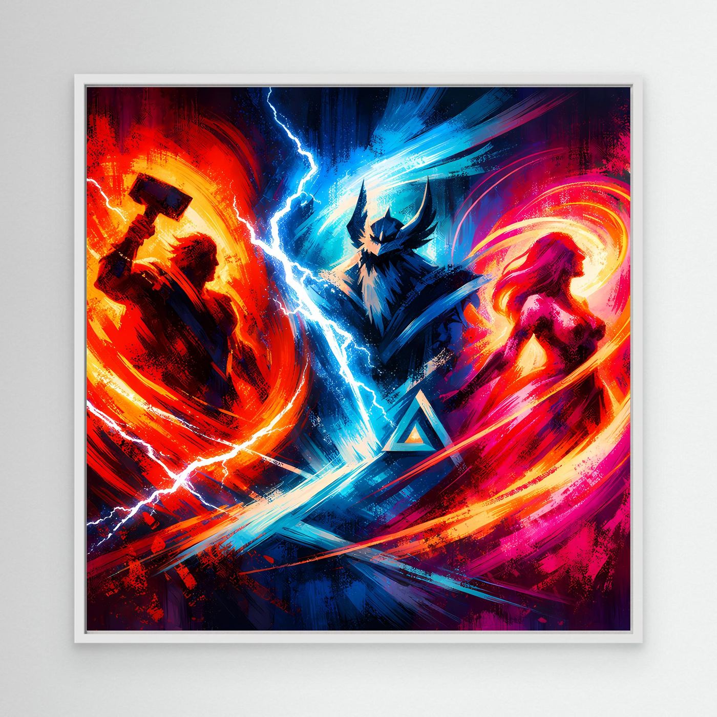 Neon-Fantasy-Leinwand-Wandbild mit Figuren, leuchtenden Wirbeln und Blitzbogen, weiß gerahmt