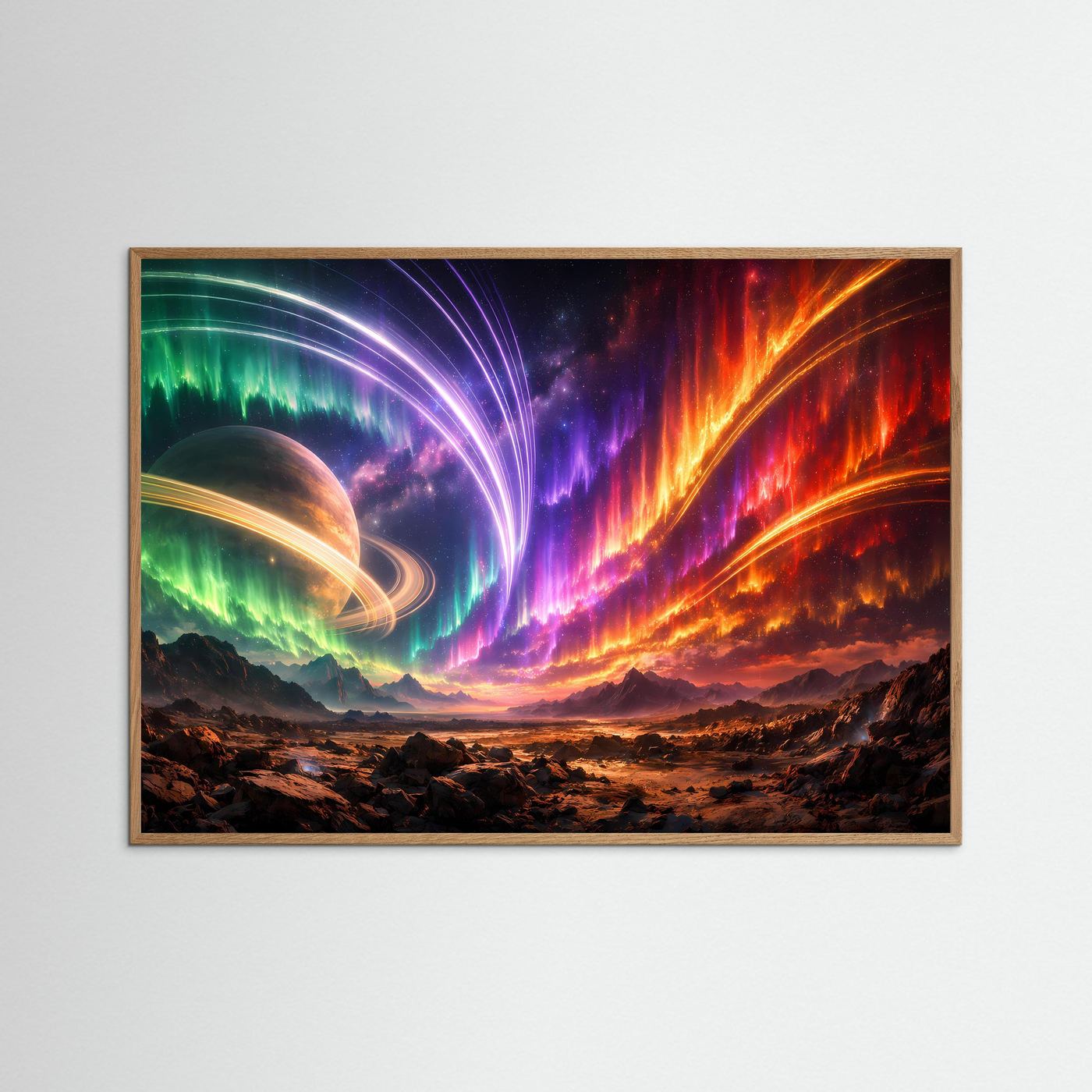 Querformat-Poster mit Polarlicht- und Ringplanet-Motiv, dunkler Holzrahmen