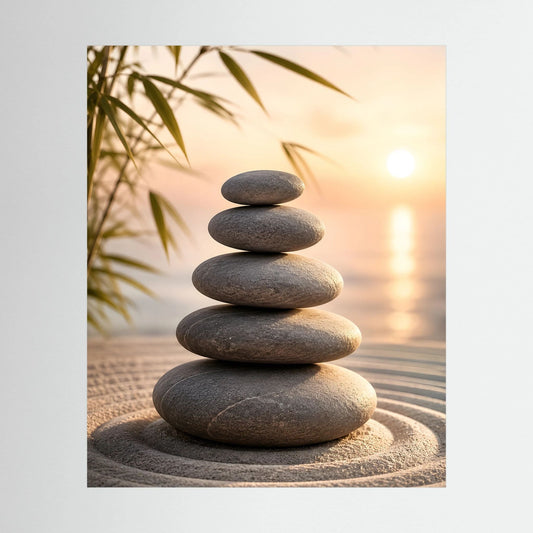 Kunstposter im Hochformat mit Stapel dunkler Steine am Strand