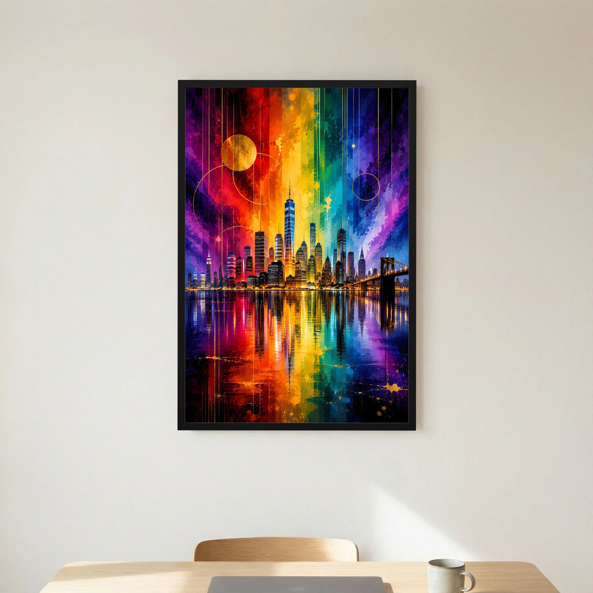 Abstraktes Skyline-City-Poster mit Regenbogenfarben, schwarzer Rahmen, leuchtende Reflexionen