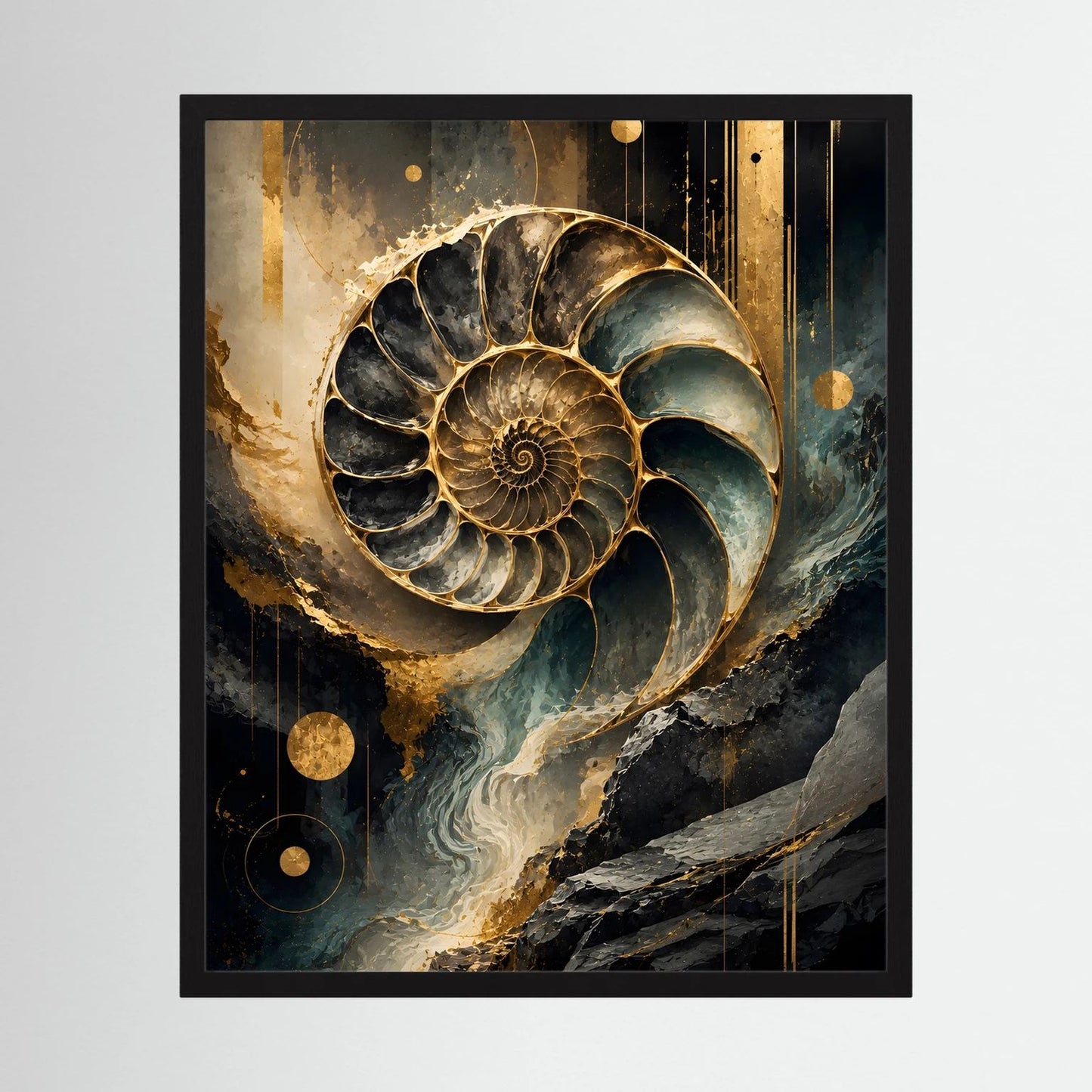 Gerahmtes Wandposter mit goldener Ammonit-Spirale in Schwarz-Petrol-Abstrakt