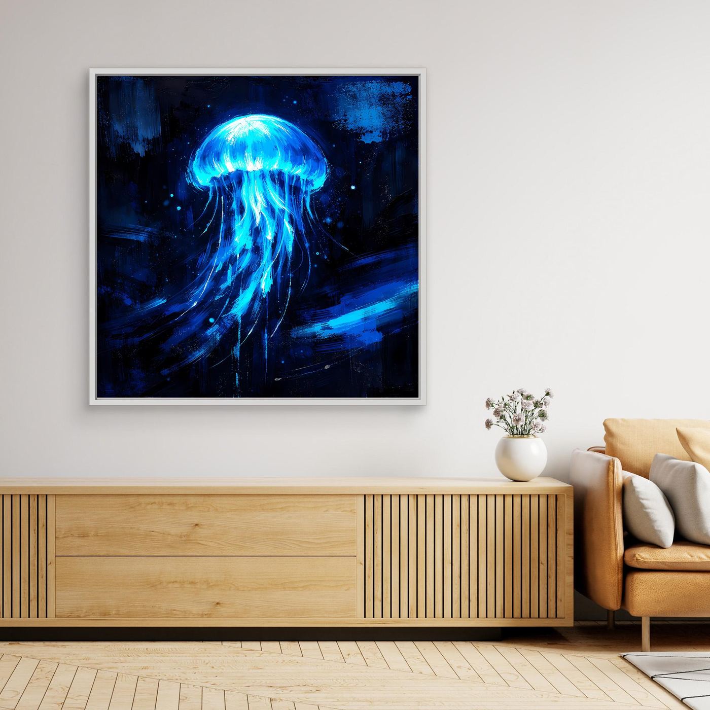 Leinwand Leuchtende Qualle im Tiefsee-Ozean | Abstraktes Biolumineszenz Wandbild
