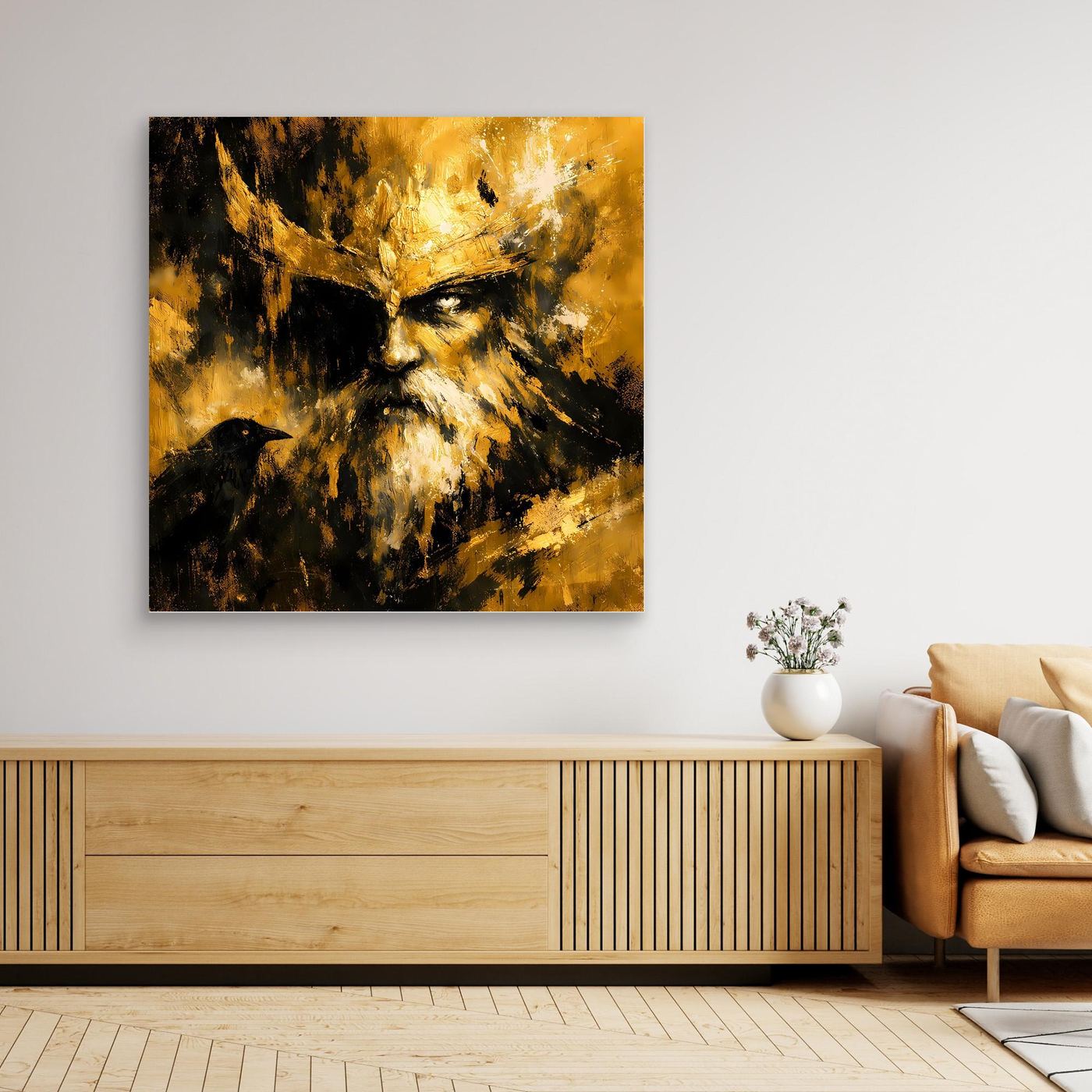 Leinwand Nordischer Gott Odin mit Rabe | Modernes Abstraktes Mythologie Wandbild