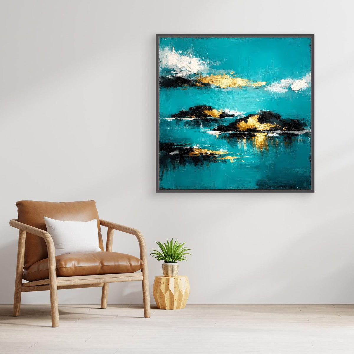 Abstraktes Wandbild mit schwarzem Rahmen, türkisblau und goldene Inseln