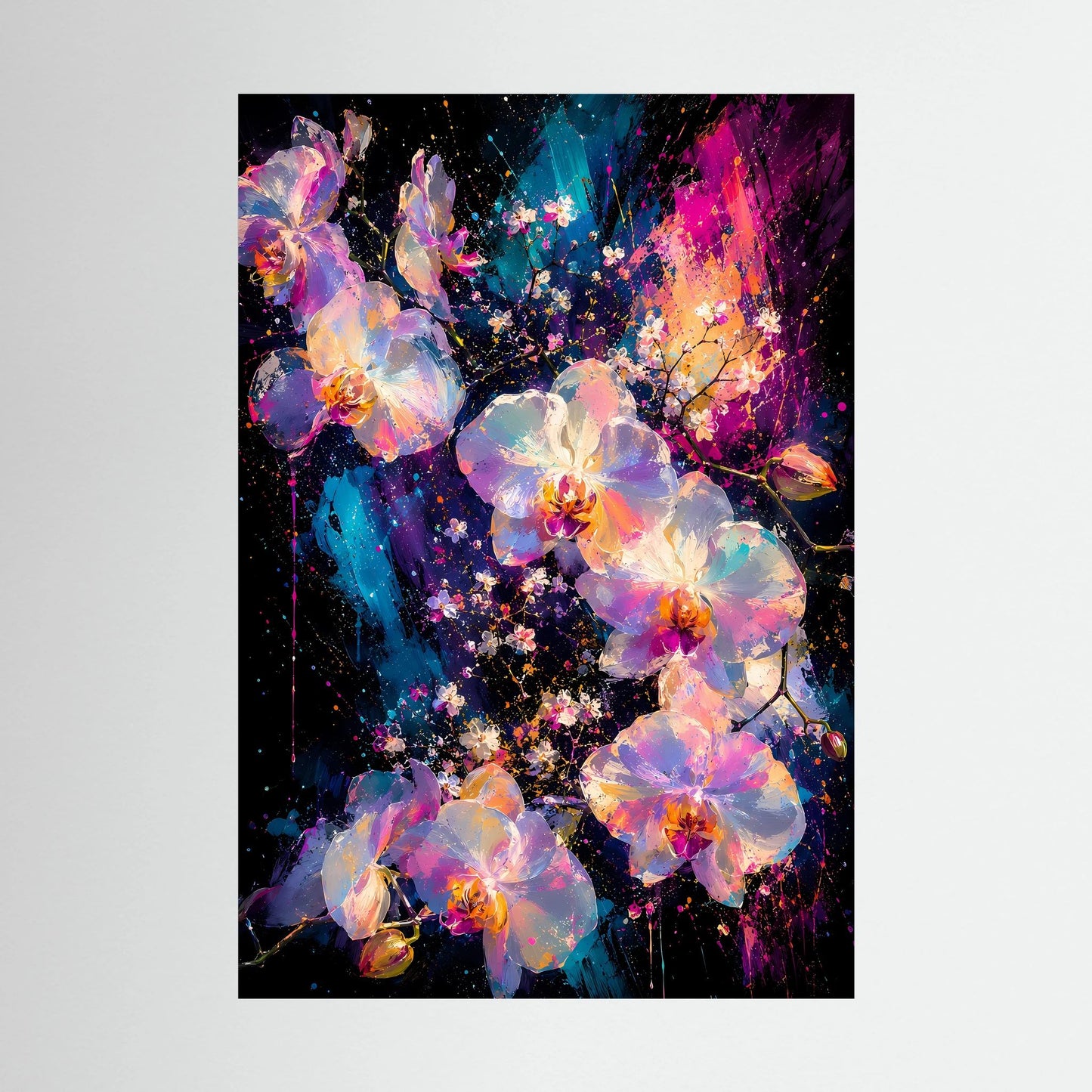 Blumenposter mit abstrakten Orchideen in Rosa, Türkis und Gold auf dunklem Hintergrund