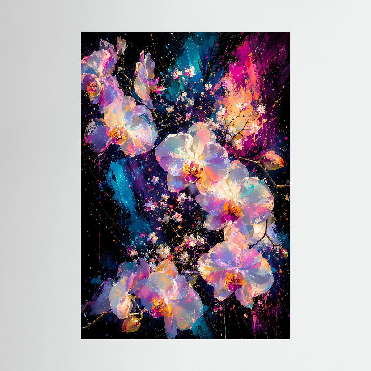 Blumenposter mit abstrakten Orchideen in Rosa, Türkis und Gold auf dunklem Hintergrund