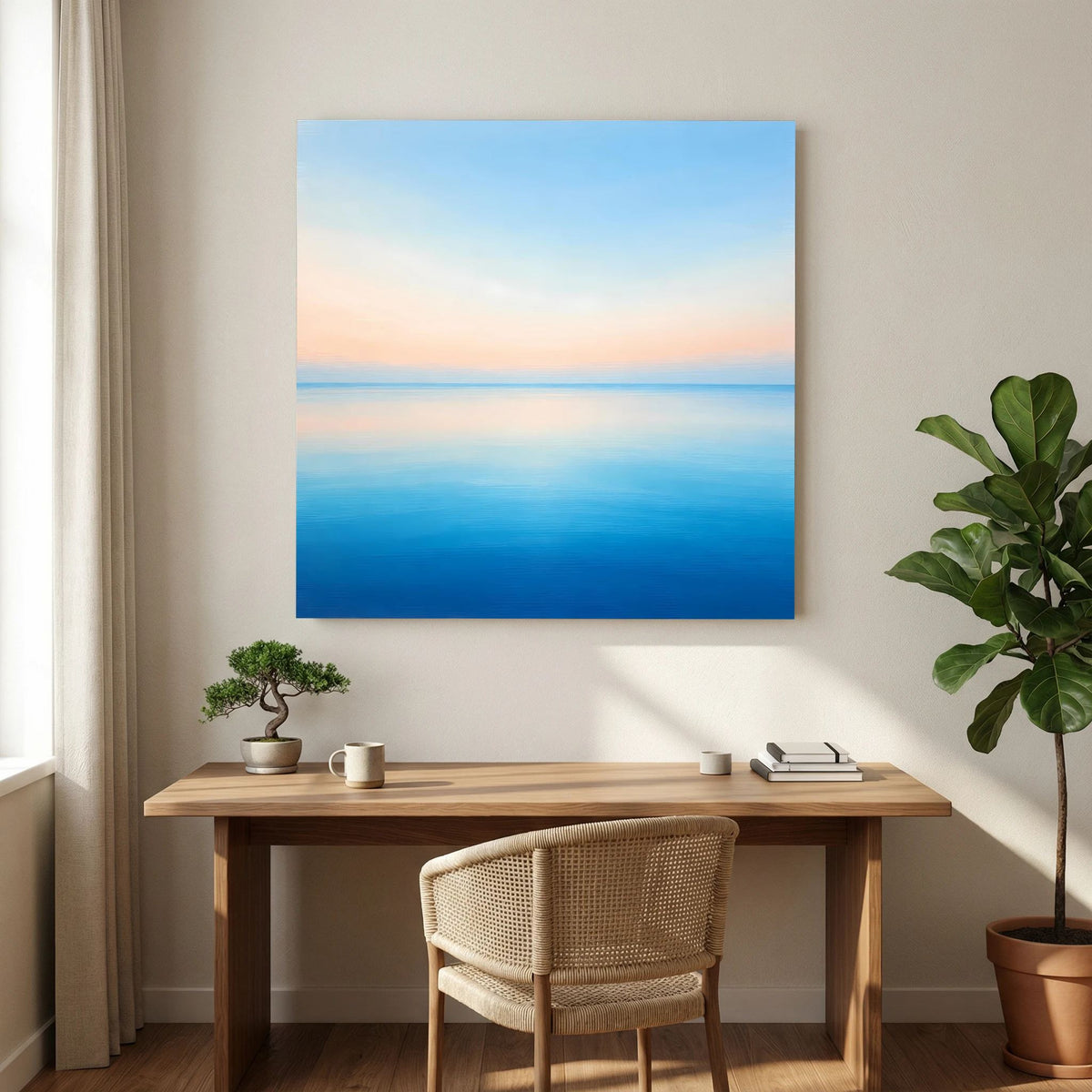 Quadratisches Leinwandbild mit Meereshorizont in Pastellblau und Rosa