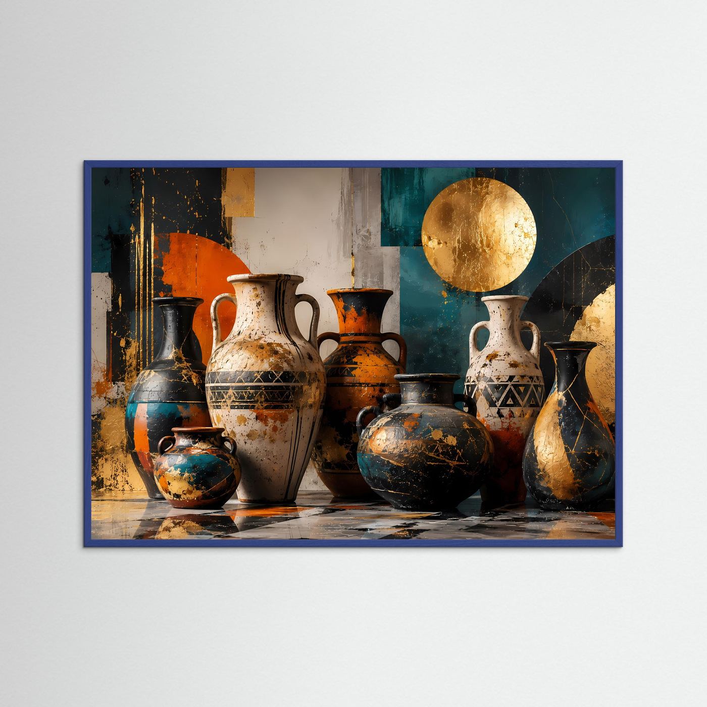 Antike Amphoren in Gold, Petrol & Terrakotta | Abstrakte mediterrane Vasen Kunst