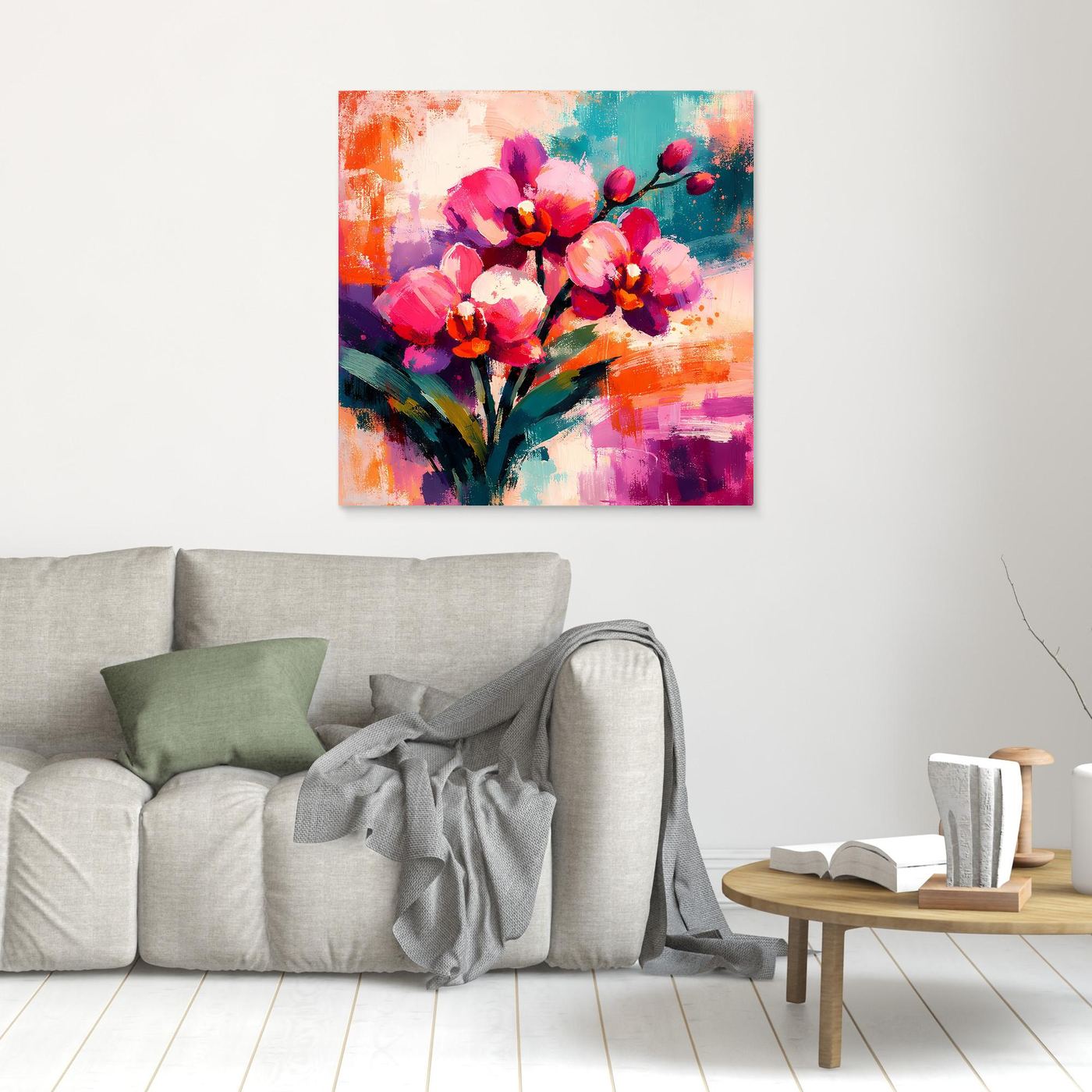 Kleines Leinwand-Wandbild mit abstrakten Orchideen in Pink und Türkis, ohne Rahmen