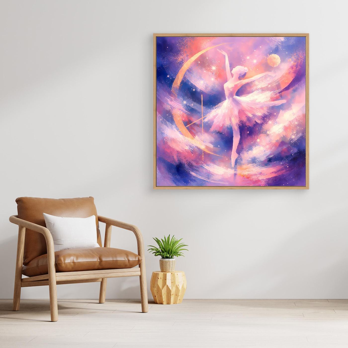 Gerahmtes Leinwandbild mit tanzender Ballerina in pastellfarbenem Sternenhimmel