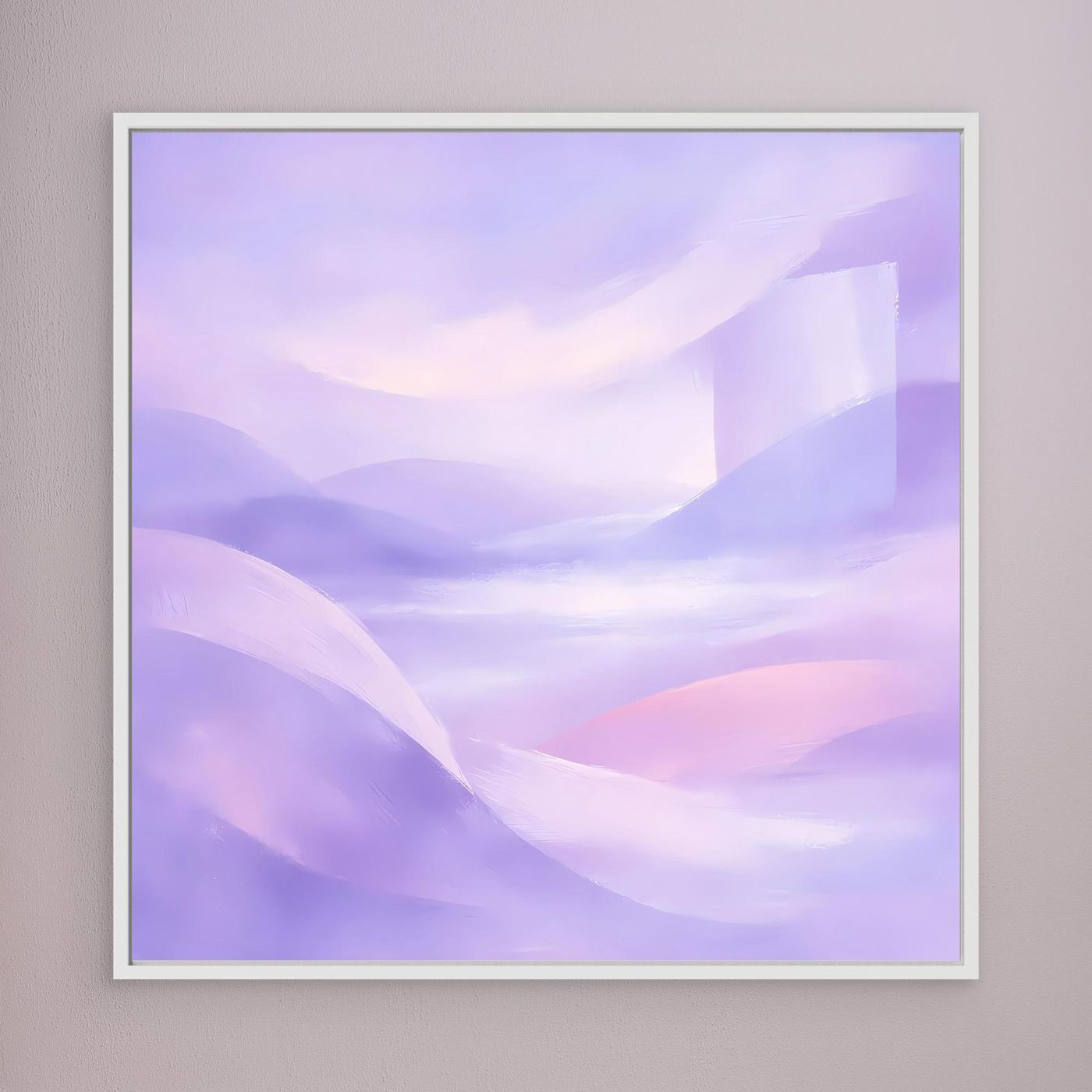 Abstraktes Pastell-Leinwandbild mit Violett- und Rosaflächen, mit weißem Rahmen