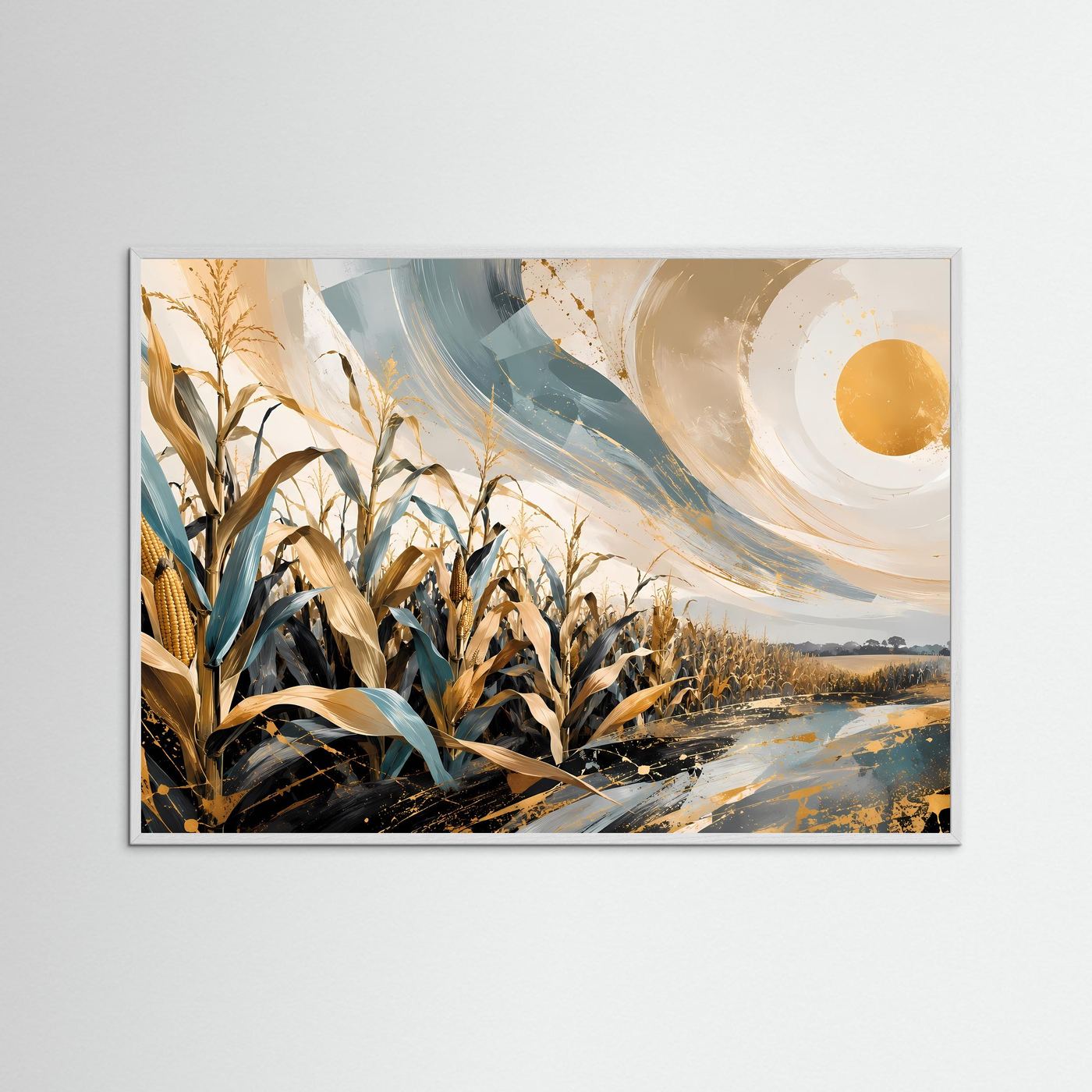 Maisfeld Poster | Abstrakte Landschaft Wandbild | Gold Blau Naturkunst | Modernes Feld Panorama | Eleganter Kunstdruck