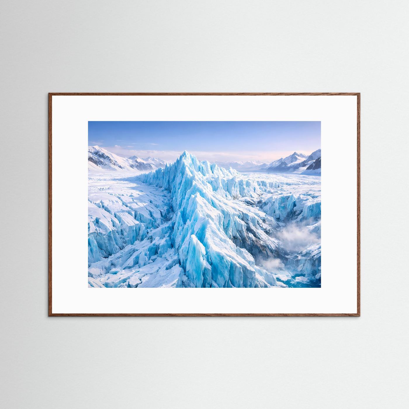 Eisgletscher-Panorama-Poster im dunklen Holzrahmen