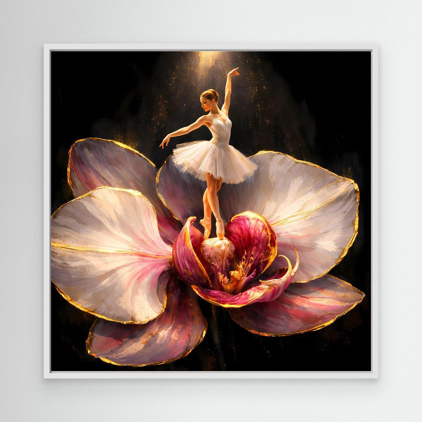 Premium Leinwand Elegante Ballerina auf Orchidee | Abstraktes Ballett Wandbild mit Goldakzenten