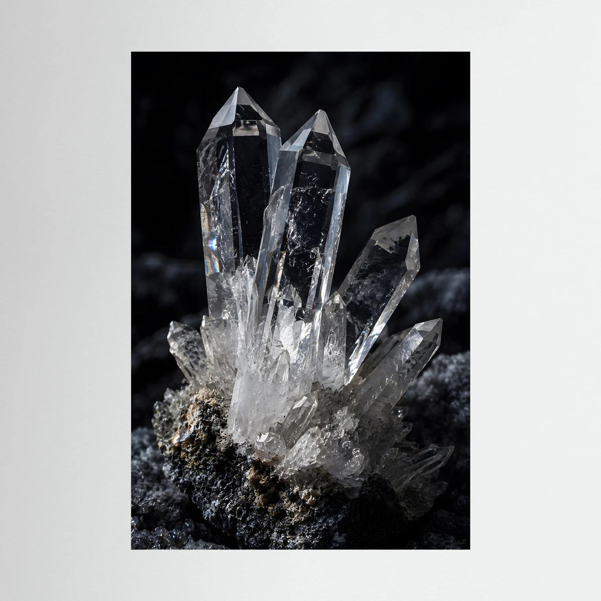 Poster mit Bergkristall-Quarz, Nahansicht klarer Kristalle auf dunklem Gestein