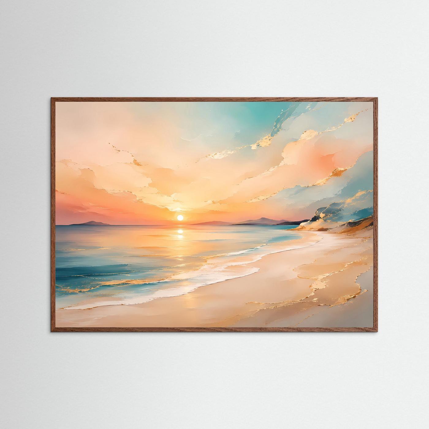 Poster mit Strand bei Sonnenuntergang, querformat mit dunklem Eichenrahmen