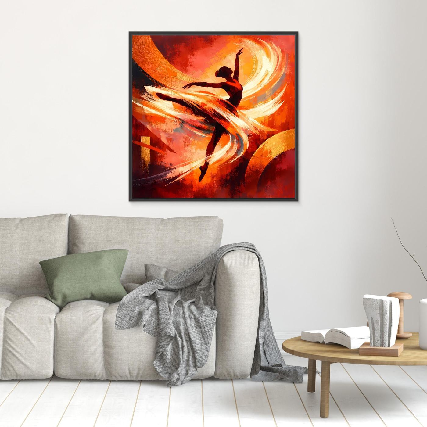 Kleines quadratisches Leinwandbild mit abstrakter Tänzerin in Rot-Orange mit schwarzem Rahmen