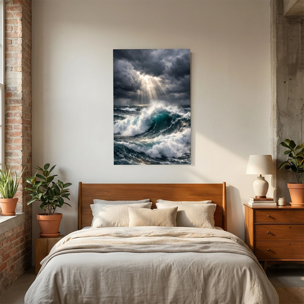 Wandbild mit Schaumkronen und stürmischer Brandung, Lichtstrahl durch dunkle Wolken