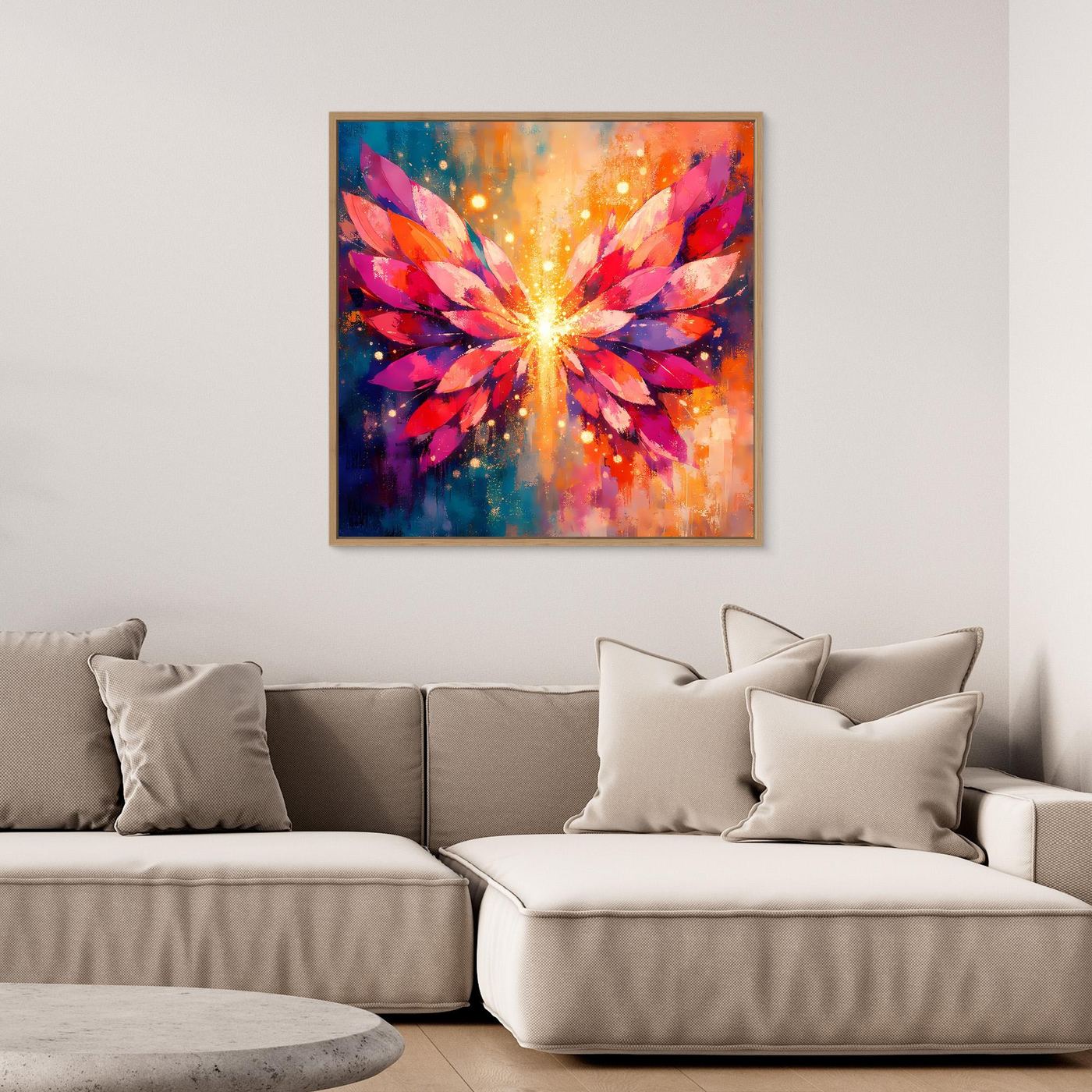 Quadratisches Leinwand-Wandbild: farbige Engelsflügel mit strahlendem Lichtkern