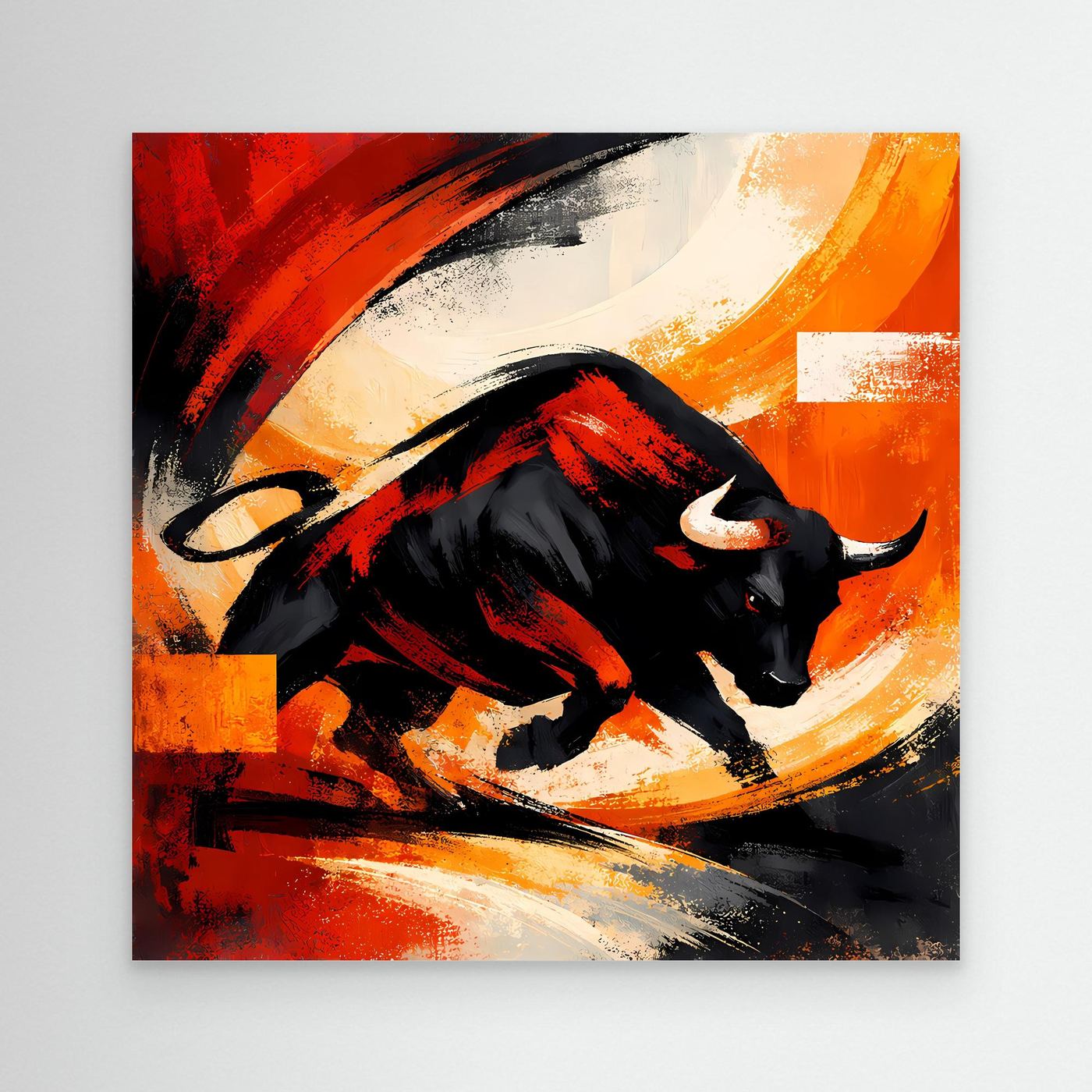 Abstraktes Leinwandbild mit schwarzem Stier, roten und orange Farbflächen, dynamische Pinselstriche