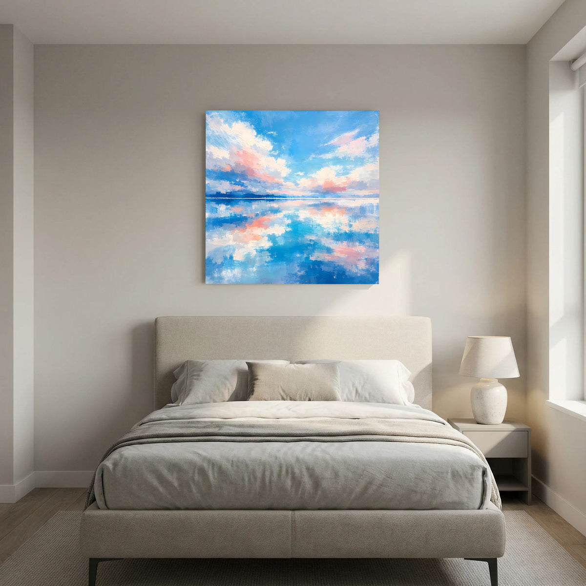 Quadratisches Wandbild auf Keilrahmen mit Wolkenhimmel, Meerlinie und blauem Wasser