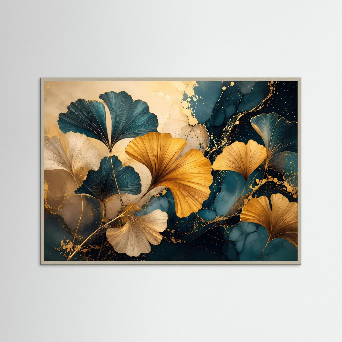 Ginkgo Blätter in Gold & Petrol | Elegante abstrakte Wandkunst