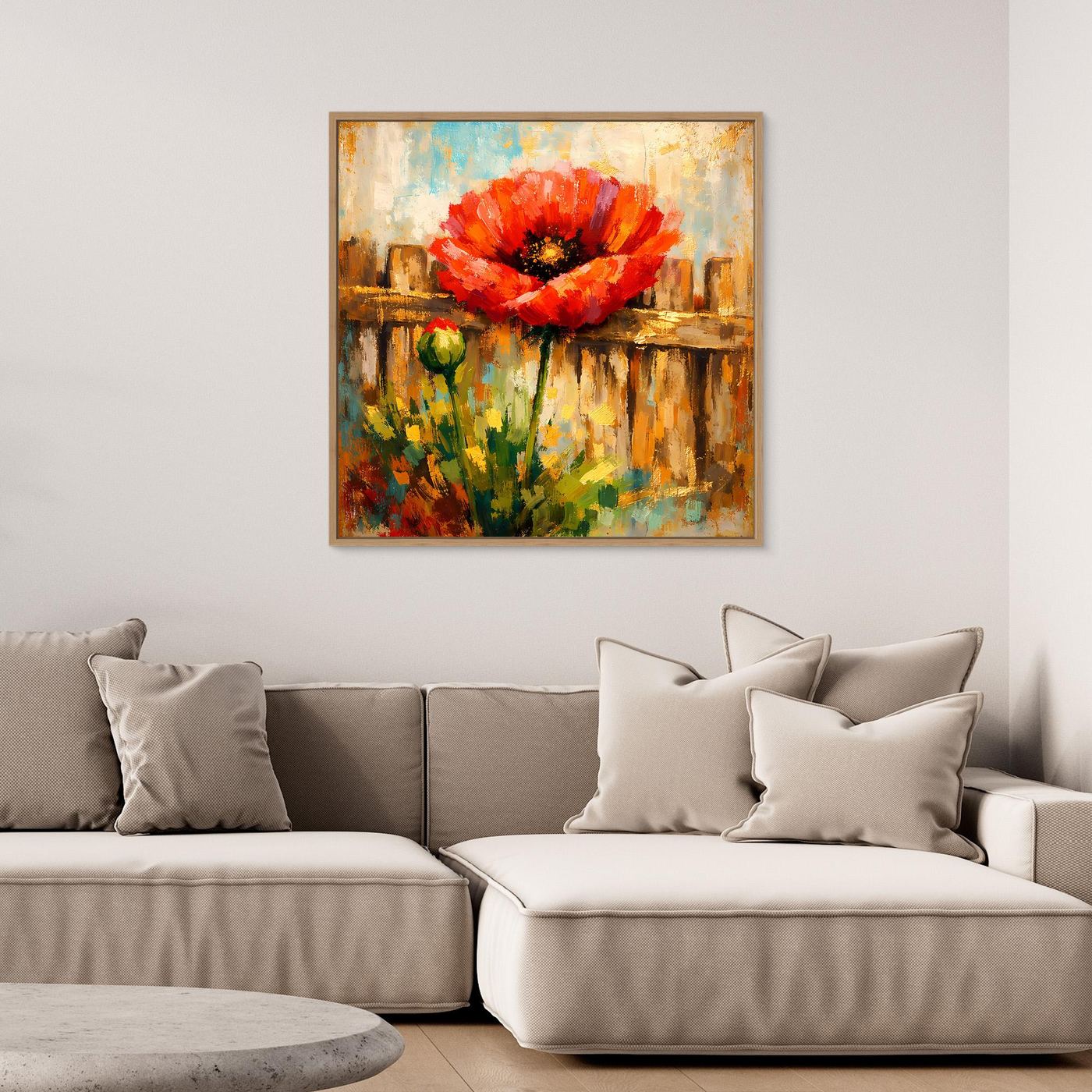 Gerahmtes Leinwandbild mit roter Mohnblume und abstrakter Farbkomposition