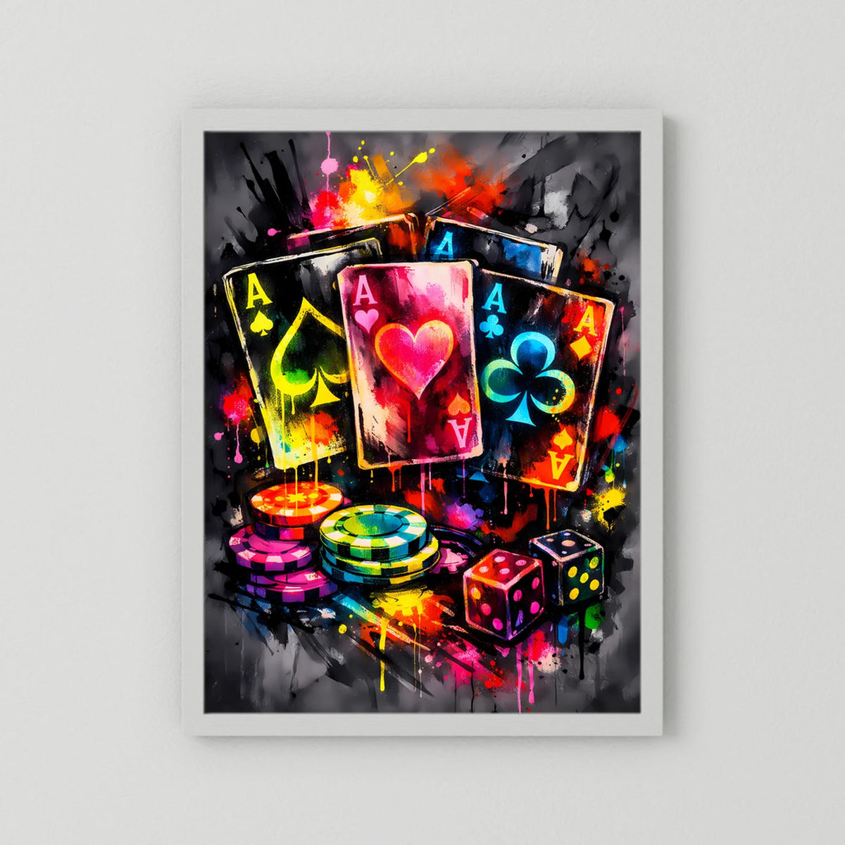 Poker-Asse-Neon-Poster mit bunten Karten, Chips und Würfeln, weißer Rahmen