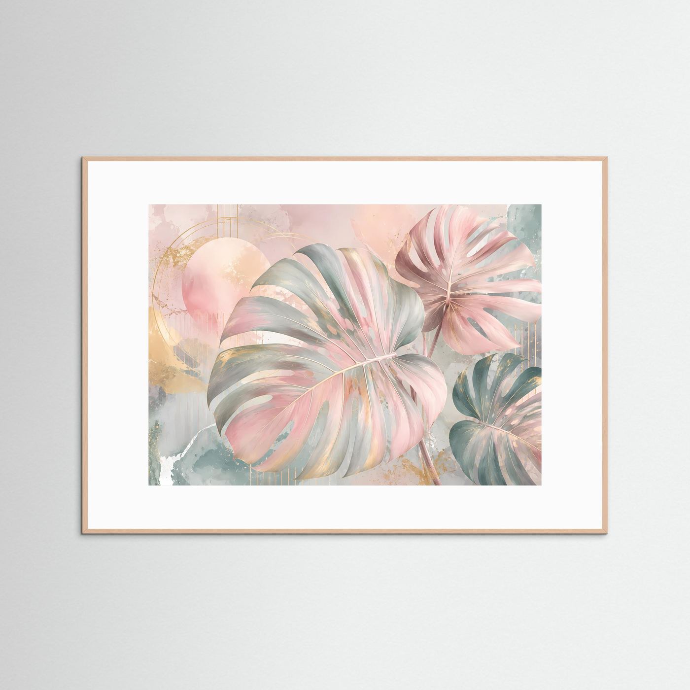 Monstera Blätter Poster Querformat | Tropische Wandkunst Pastell Rosa Gold | Moderne Botanische Kunst