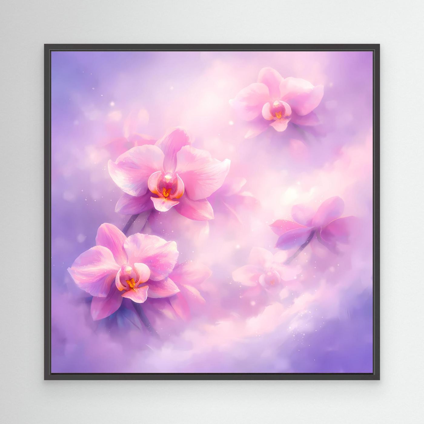 Leinwandbild mit pastellfarbenen Orchideen, schwarzem Rahmen