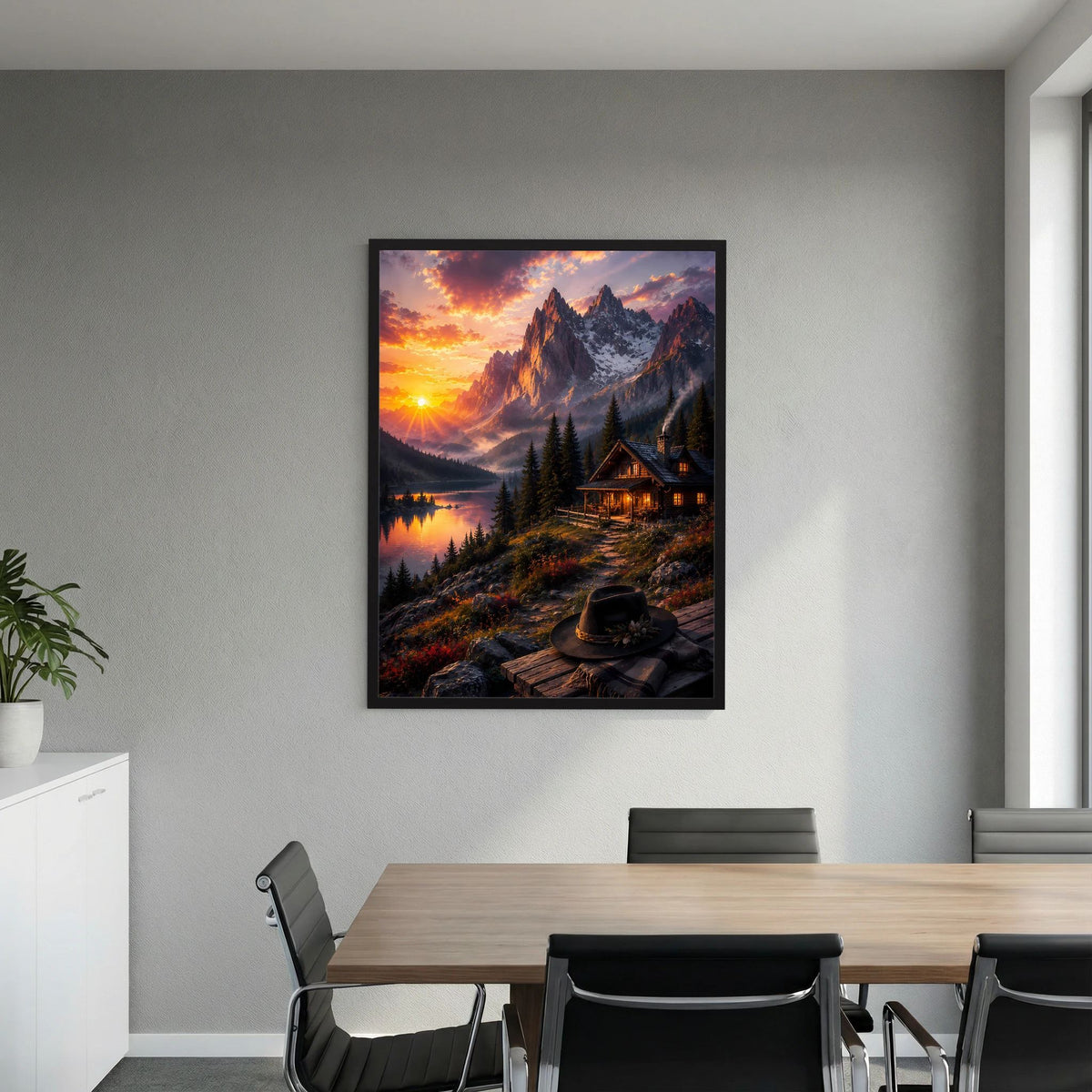Poster im Hochformat mit Bergsee und Berghütte im Sonnenuntergang, schwarzer Rahmen