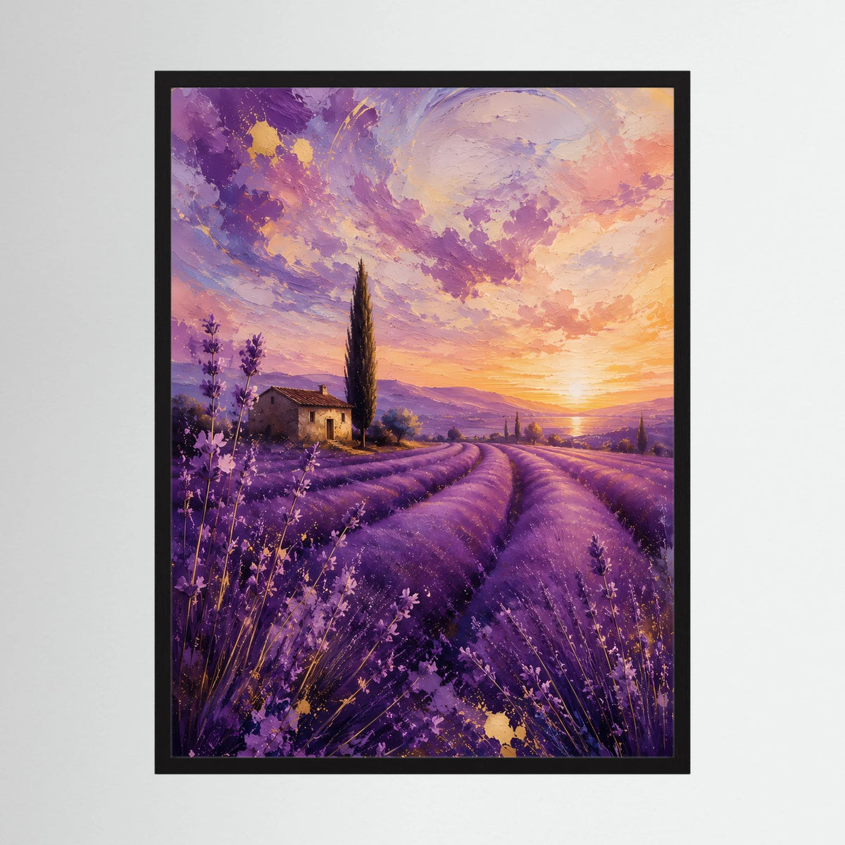 Hochformat-Poster mit Lavendelfeld bei Sonnenuntergang, in schwarzem Holzrahmen.