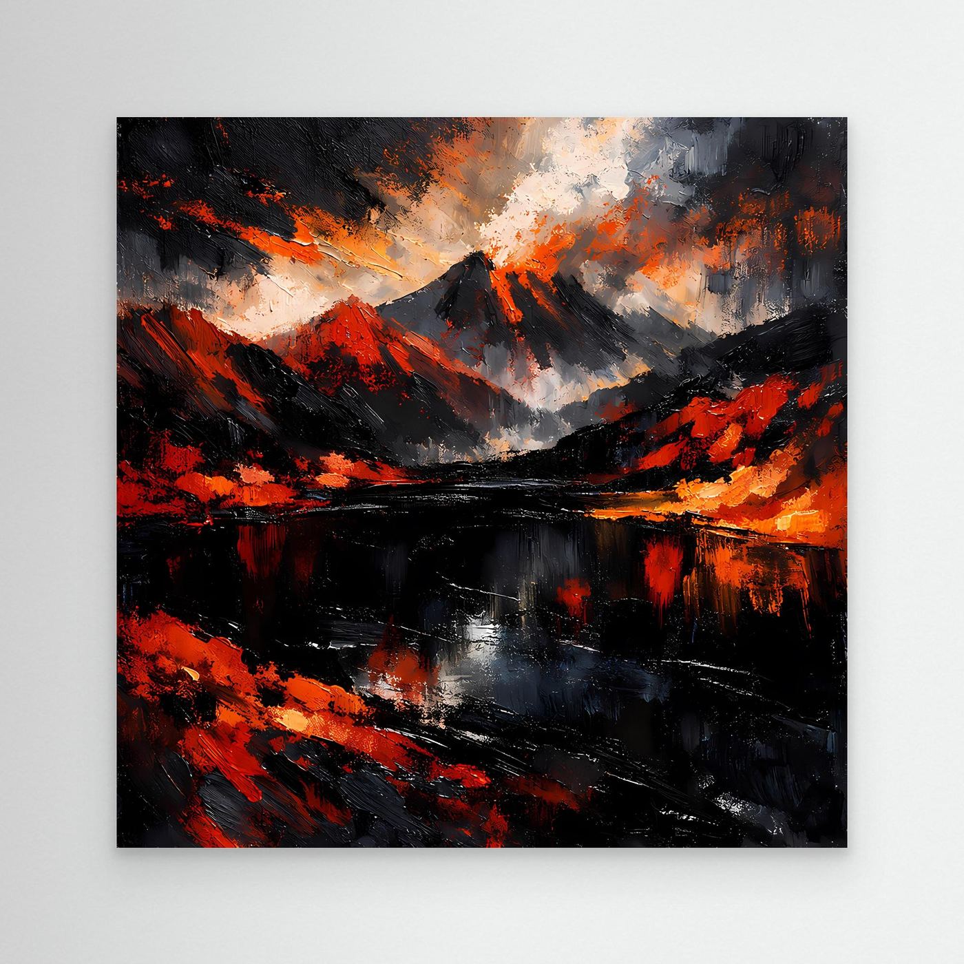 Abstraktes Leinwandbild ohne Rahmen, Vulkan- und Wasser-Motiv in Schwarz, Rot und Grau
