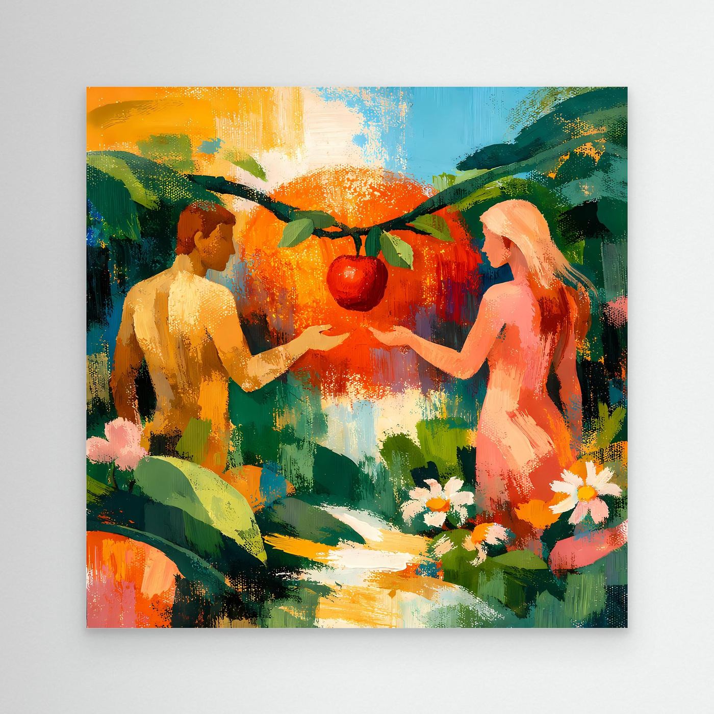 Abstract garden Eden wall canvas with two nude figures holding red fruit and flowers