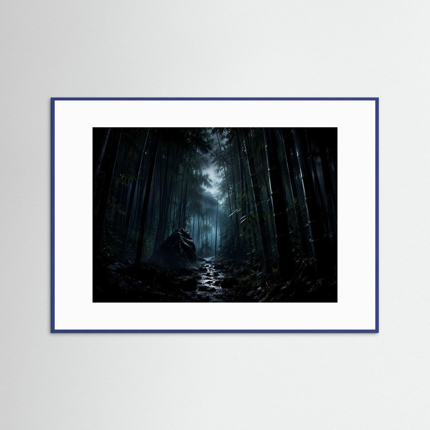 Mystischer Bambuswald bei Nacht Poster | Japanischer Zen Wald Nebel Landschaft Wandbild Querformat