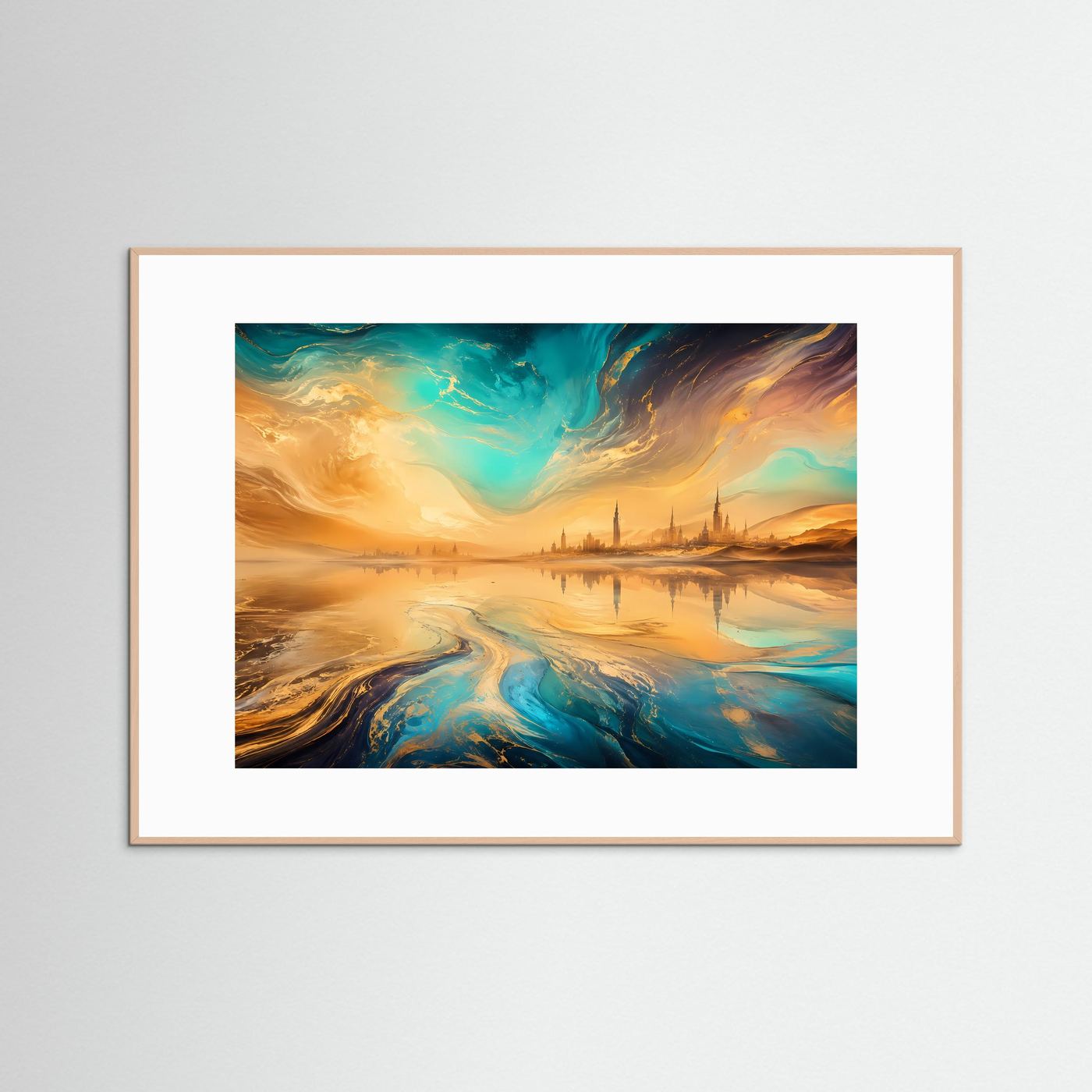 Fata Morgana Poster | Surreale Wüstenlandschaft mit Gold und Türkis | Abstrakte Traumlandschaft | Modernes Wandbild