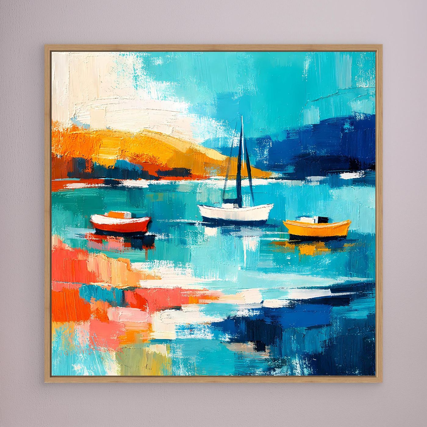 Wood-framed abstract sailboat wall art with teal reflections and orange boats
